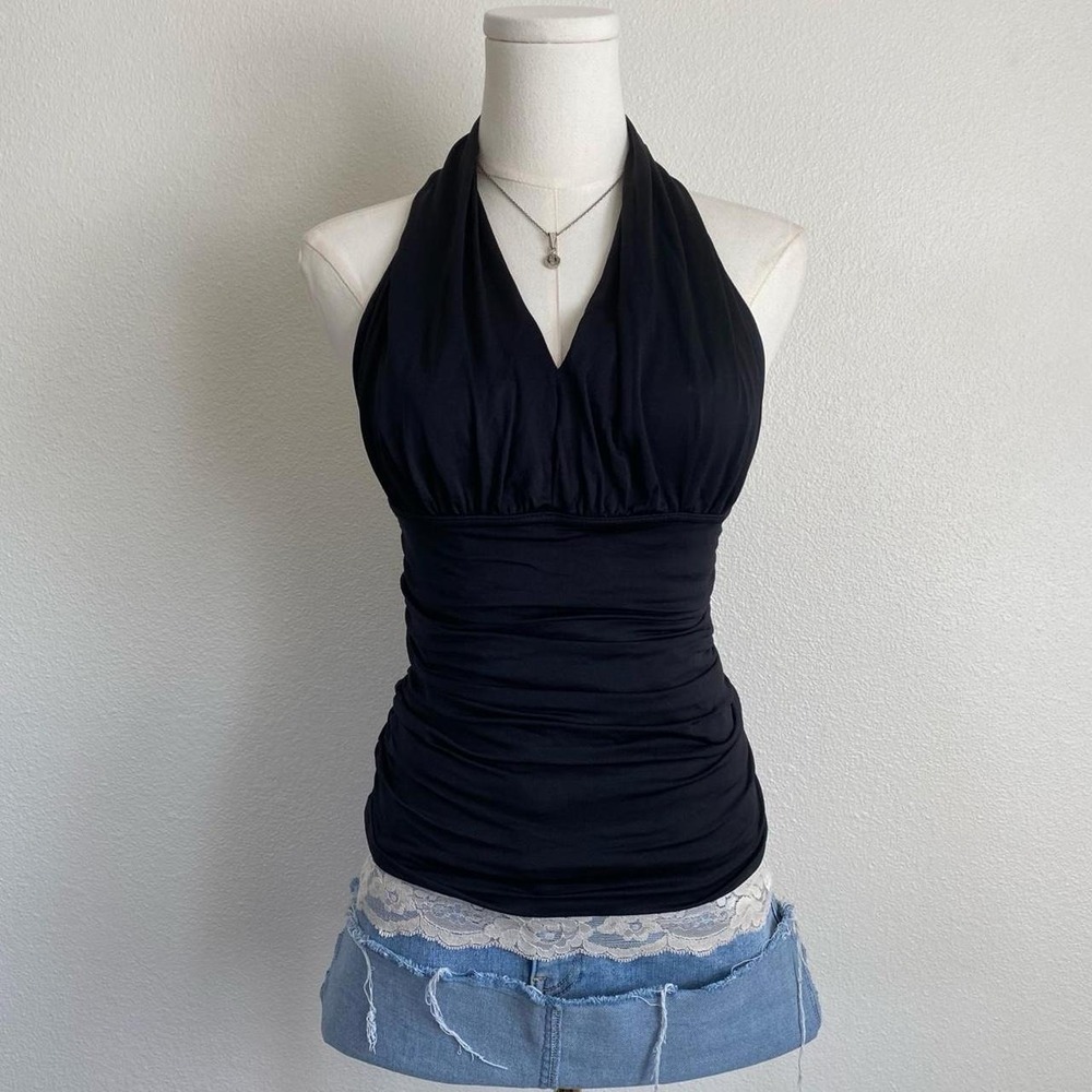 Vintage Y2K Ruched Black Halter Top V Neckline Whimsygoth Romantic